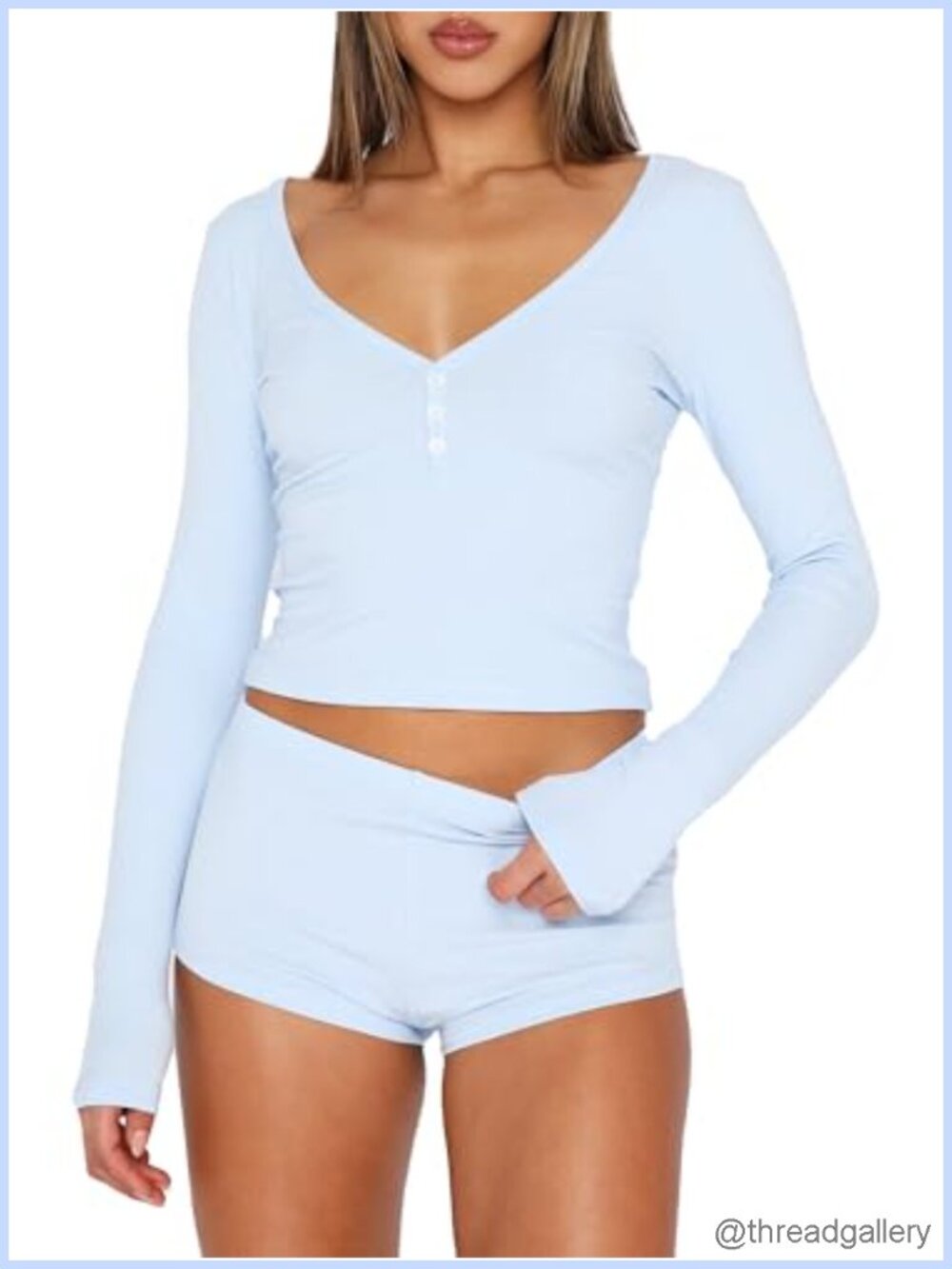 Women 2 Piece Ribbed Knit Pajama Set Button Long Sleeve Top Shorts Lounge